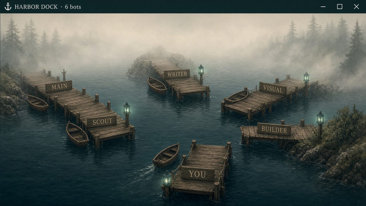 Harbor dock mesh: named piers and a boat moving toward the YOU quay