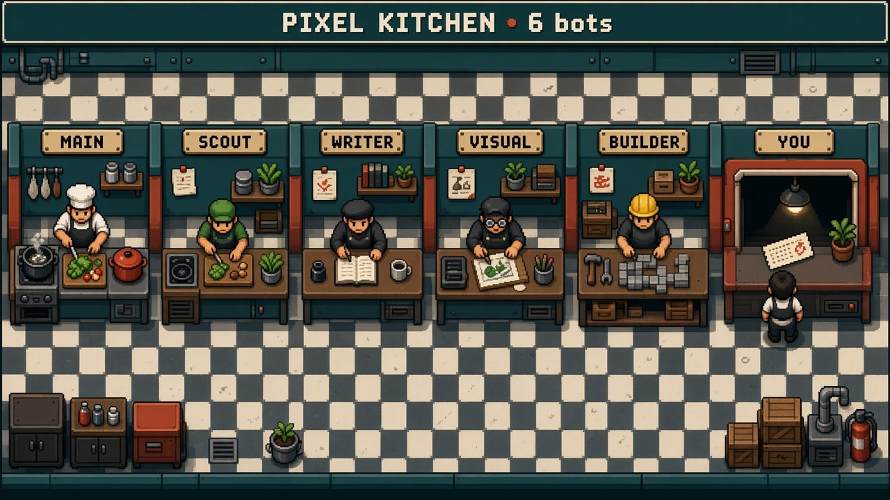 Pixel kitchen mesh: a line of named stations, a ticket moving to the pass