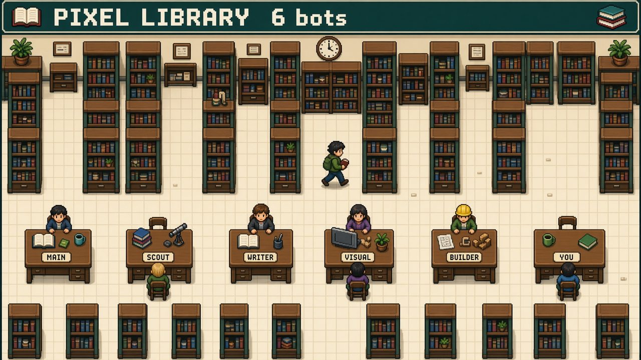 Pixel library mesh: desks in the stacks, one bot walking an aisle with a book