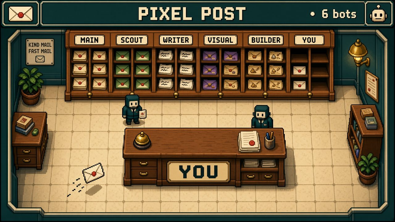 Pixel post mesh: labeled slots and a letter arriving at the YOU counter