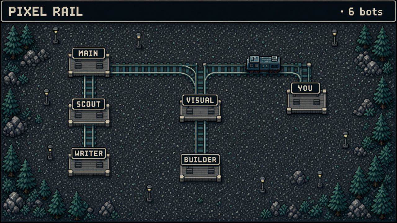 Pixel rail mesh: named platforms and a tiny car on the rails toward YOU