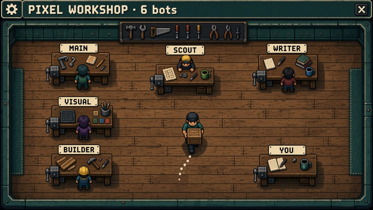 Pixel workshop mesh: named benches on a shop floor, one crate walking to YOU