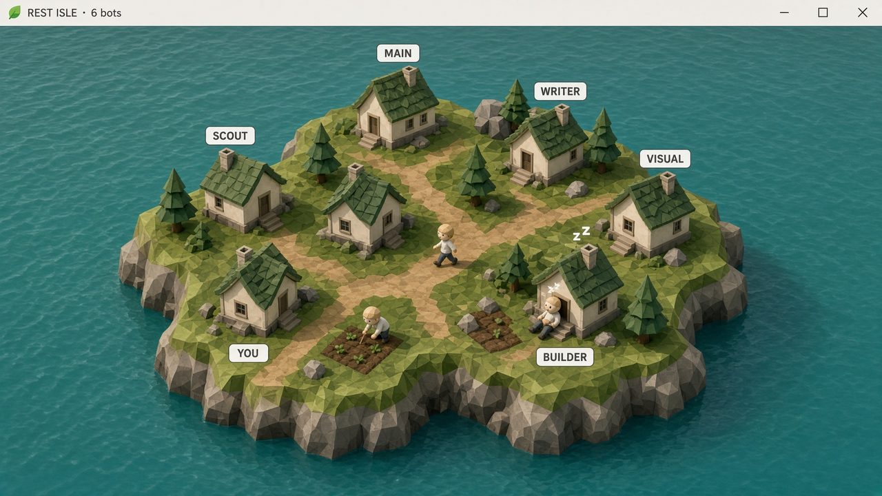 Rest isle mesh: cottages on a small island, one bot with a sleep tell