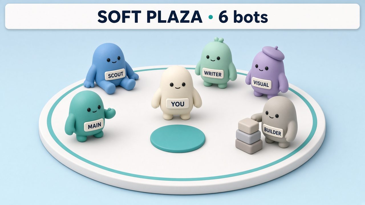 Soft plaza mesh: rounded named figures on a pale plaza