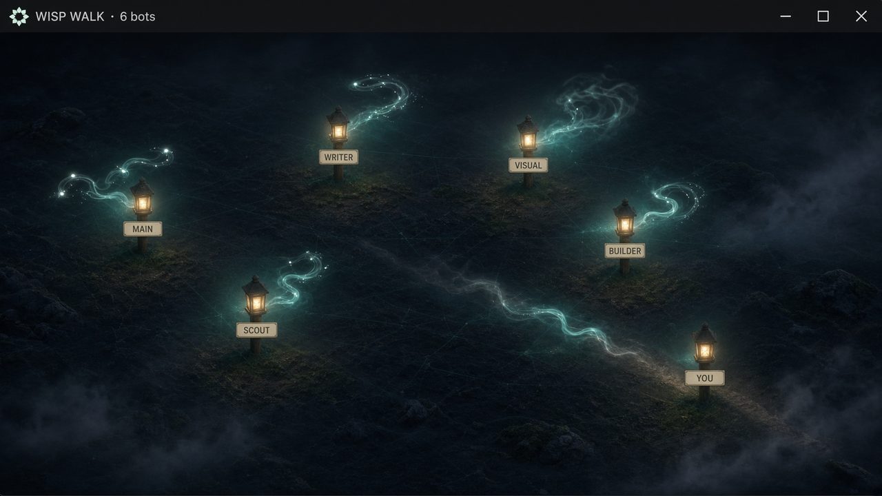 Wisp walk mesh: pale wisps drifting between named lantern posts